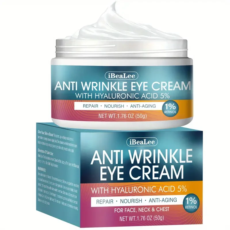 Crema antiarrugas para el contorno de ojos con ácido hialurónico al 5% (50 g/1,76 oz), para líneas de expresión, arrugas, ojeras e hinchazón. Tratamiento antiedad para todo tipo de piel. Fórmula con retinol y glicerina, ideal para hombres y mujeres.
