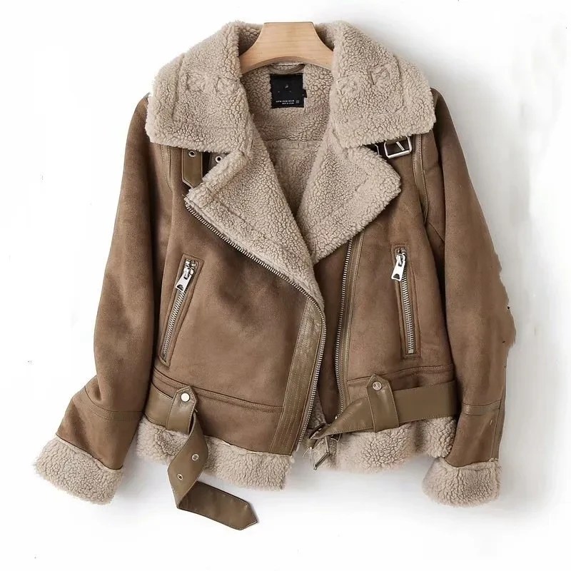 Chaqueta de solapa de ante de lana de cordero abrigo cálido de motocicleta