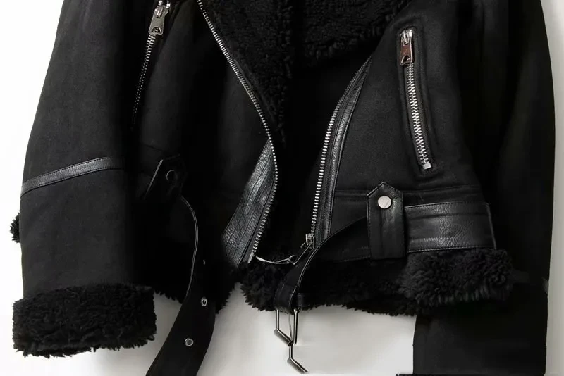 Chaqueta de solapa de ante de lana de cordero abrigo cálido de motocicleta