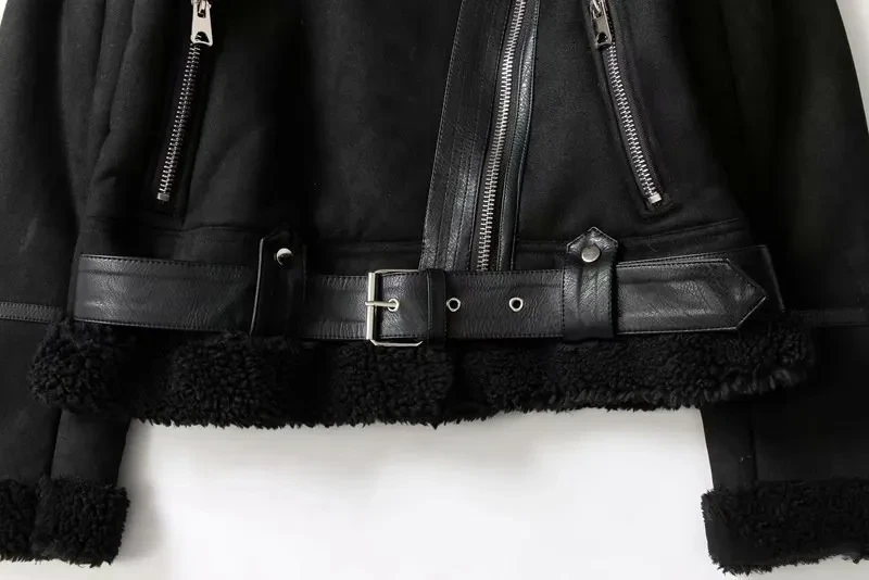 Chaqueta de solapa de ante de lana de cordero abrigo cálido de motocicleta