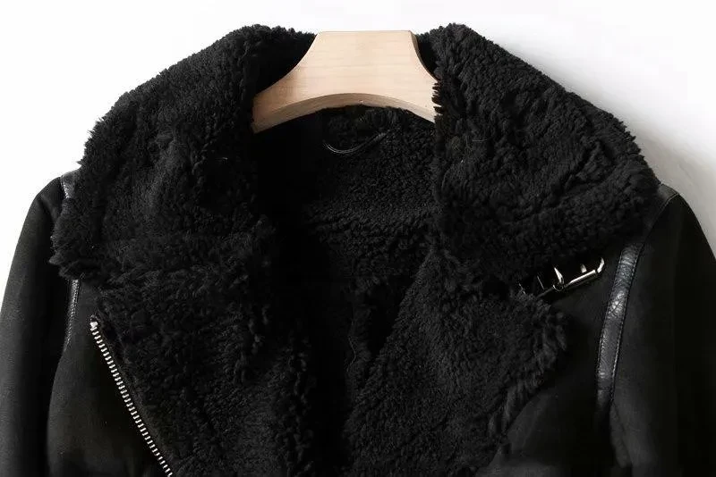 Chaqueta de solapa de ante de lana de cordero abrigo cálido de motocicleta