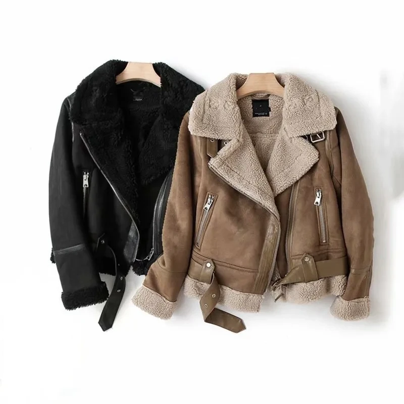 Chaqueta de solapa de ante de lana de cordero abrigo cálido de motocicleta
