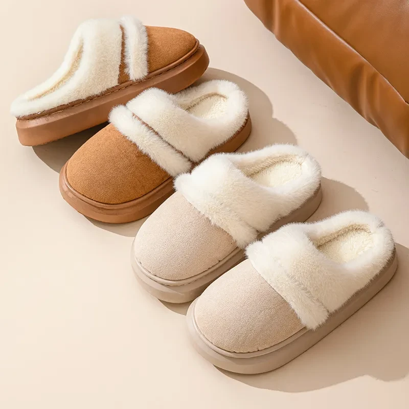 Pantuflas cálidas de algodón para mujer, de ocio, con suela gruesa, antideslizantes, de terciopelo, para casa, de invierno, para dormitorio, de gamuza