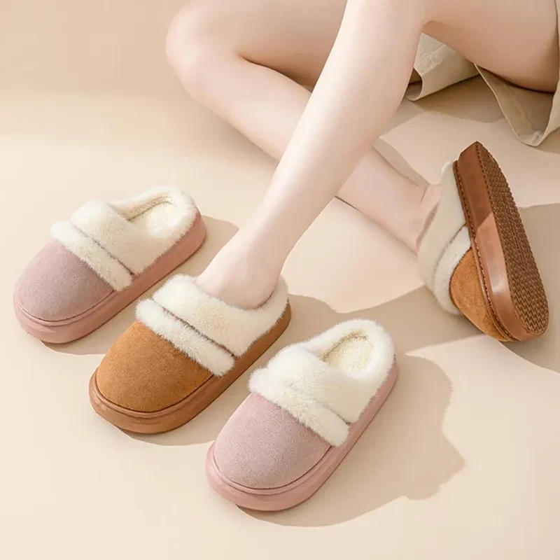 Pantuflas cálidas de algodón para mujer, de ocio, con suela gruesa, antideslizantes, de terciopelo, para casa, de invierno, para dormitorio, de gamuza