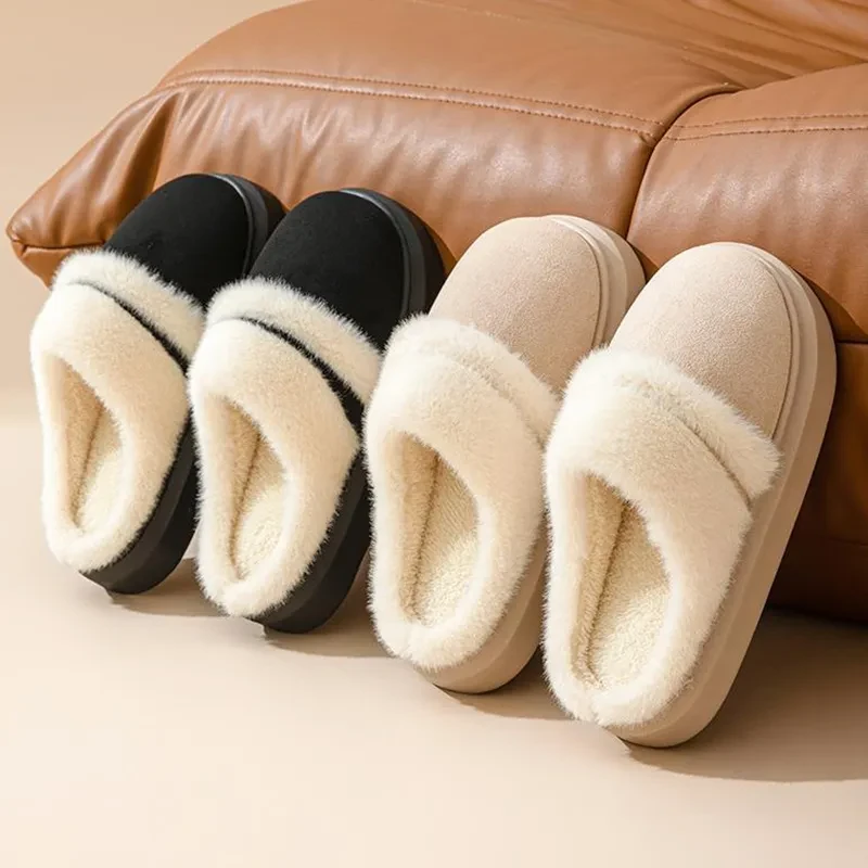 Pantuflas cálidas de algodón para mujer, de ocio, con suela gruesa, antideslizantes, de terciopelo, para casa, de invierno, para dormitorio, de gamuza