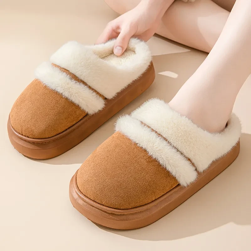 Pantuflas cálidas de algodón para mujer, de ocio, con suela gruesa, antideslizantes, de terciopelo, para casa, de invierno, para dormitorio, de gamuza