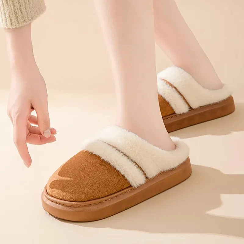 Pantuflas cálidas de algodón para mujer, de ocio, con suela gruesa, antideslizantes, de terciopelo, para casa, de invierno, para dormitorio, de gamuza