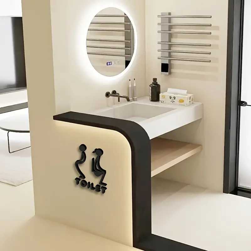 Letrero para puerta de baño unisex de acrílico 3D con diseño elegante en negro