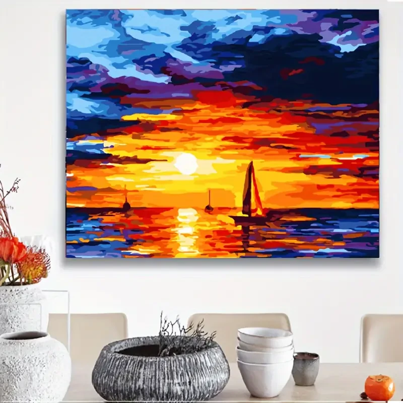 Kit de pintura por números "Atardecer en el mar" con marco de madera