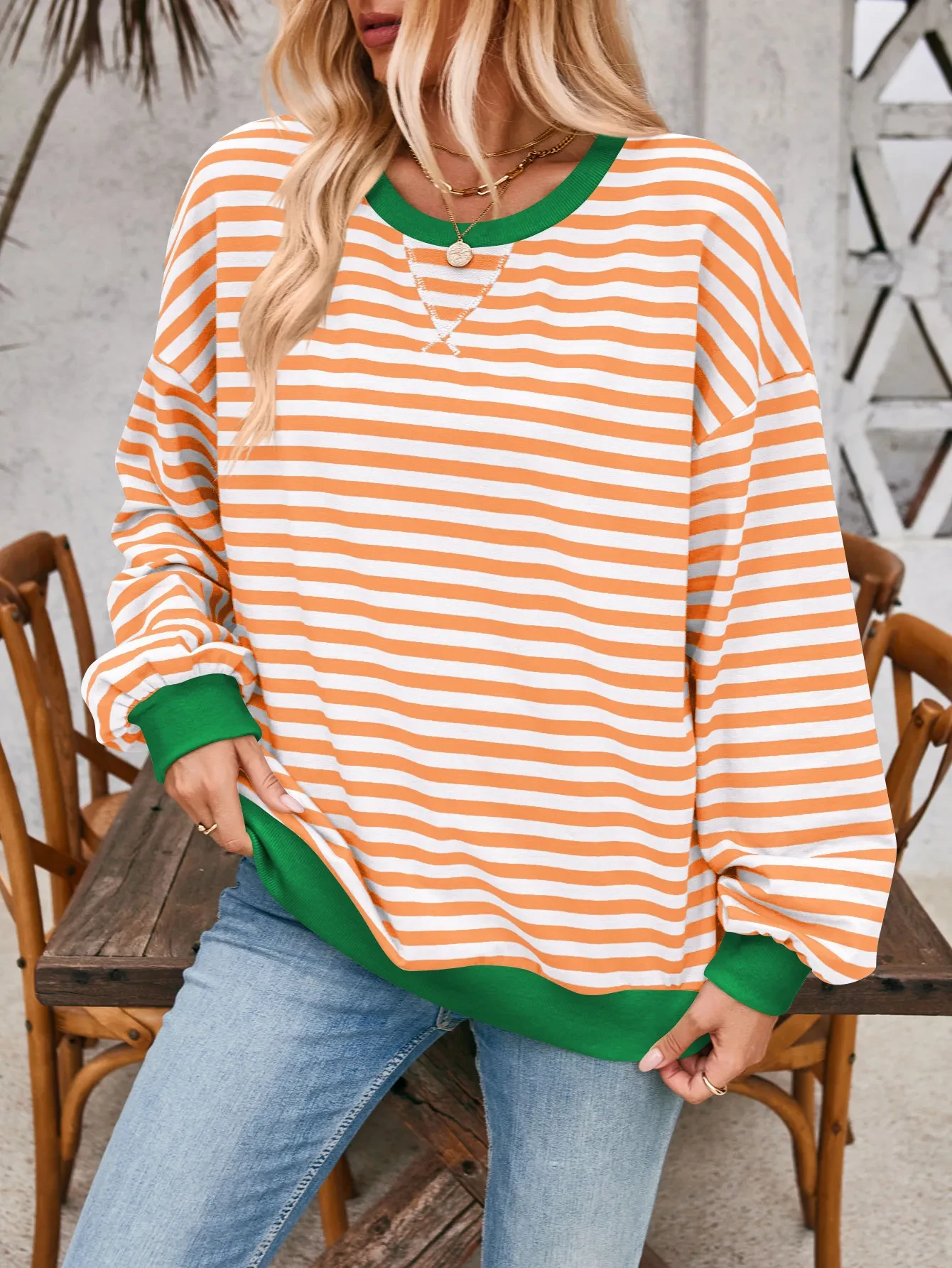 Suéter informal de manga larga con rayas holgadas para mujer