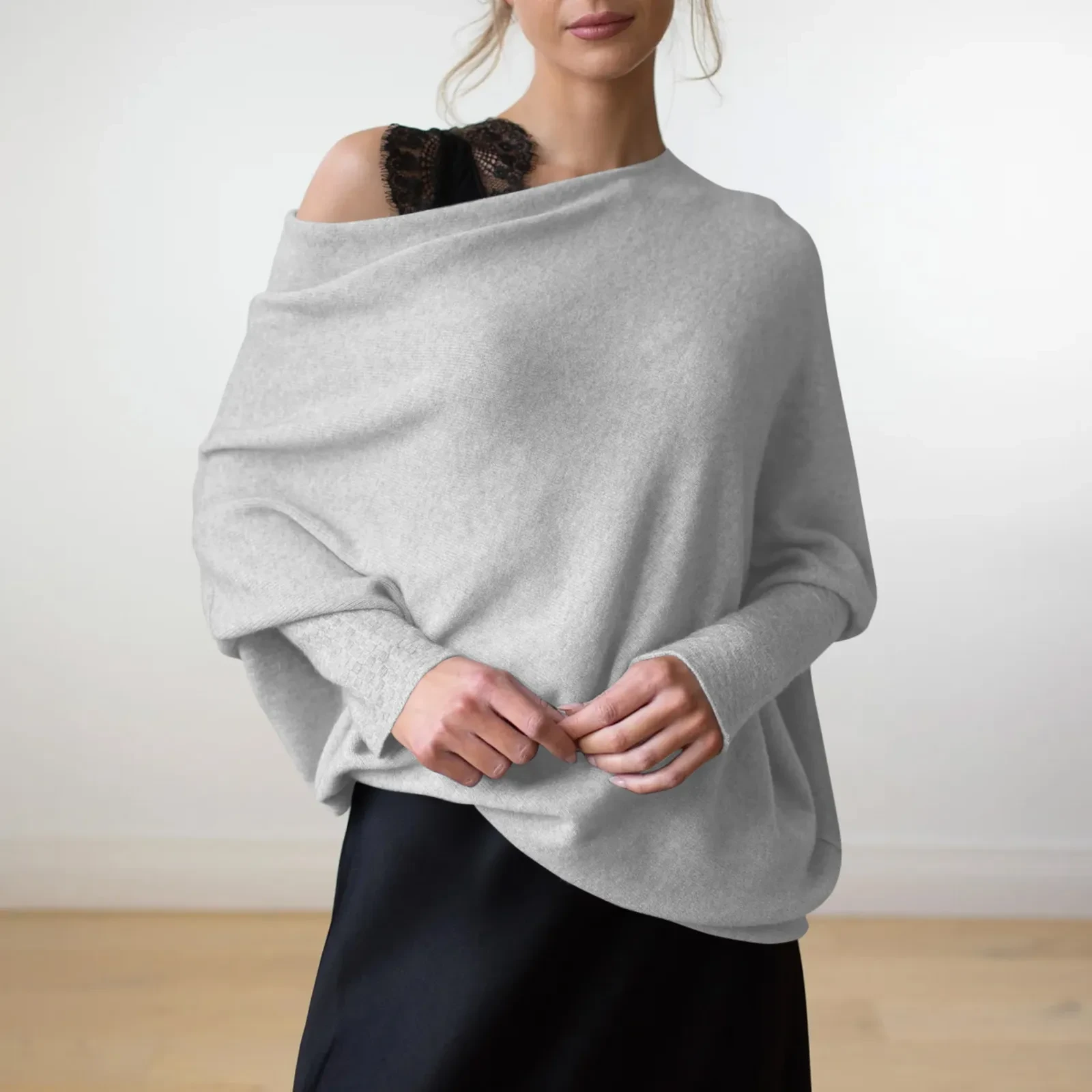 Suéter holgado con mangas de murciélago, sencillo, informal, a la moda, versátil, de color sólido, con cuello redondo para mujer
