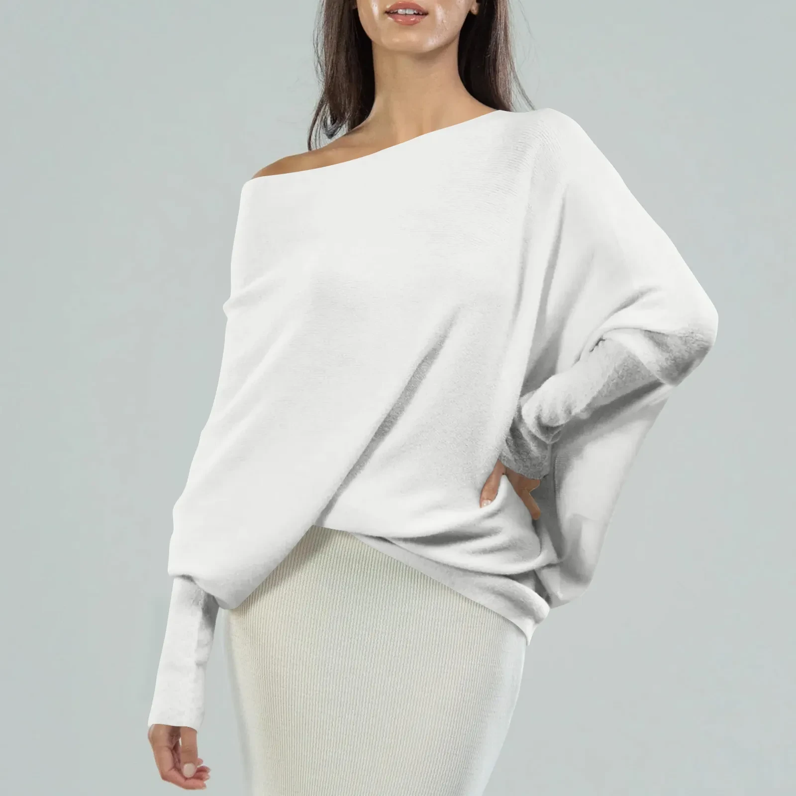 Suéter holgado con mangas de murciélago, sencillo, informal, a la moda, versátil, de color sólido, con cuello redondo para mujer