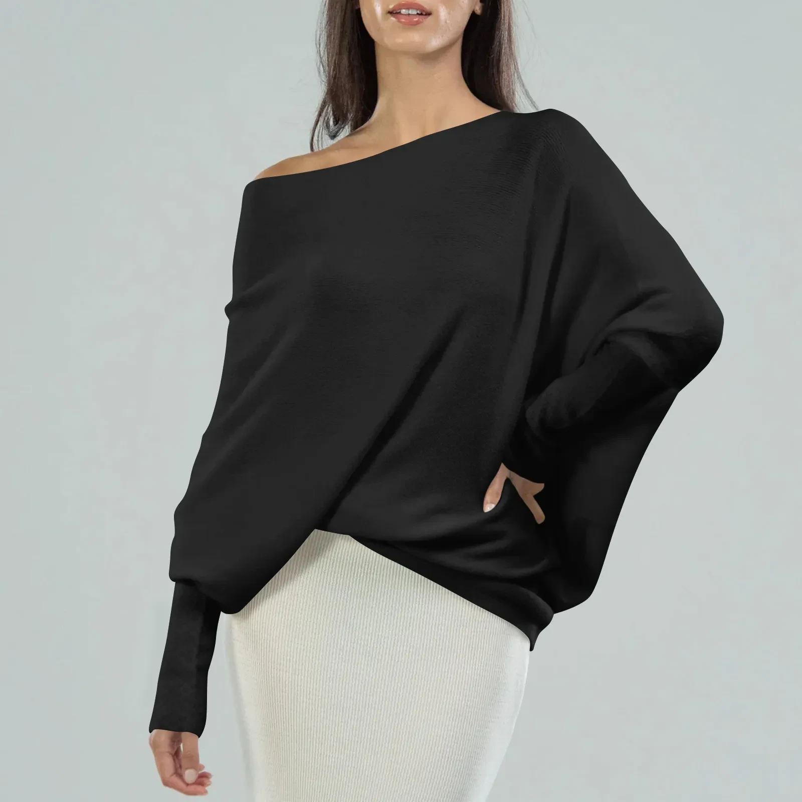 Suéter holgado con mangas de murciélago, sencillo, informal, a la moda, versátil, de color sólido, con cuello redondo para mujer