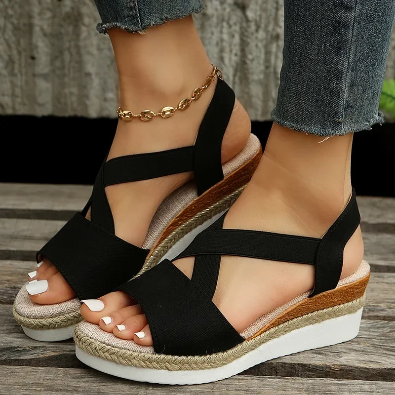 Sandalias de cuña para mujer con plataforma cruzada y tacón de cáñamo estilo gladiador para verano