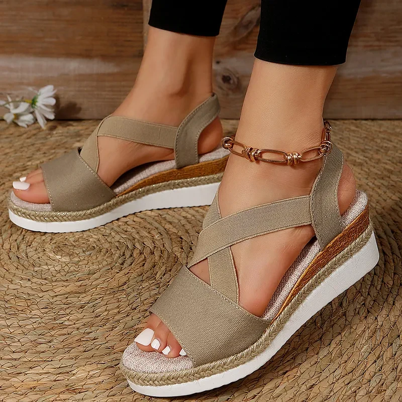 Sandalias de cuña para mujer con plataforma cruzada y tacón de cáñamo estilo gladiador para verano