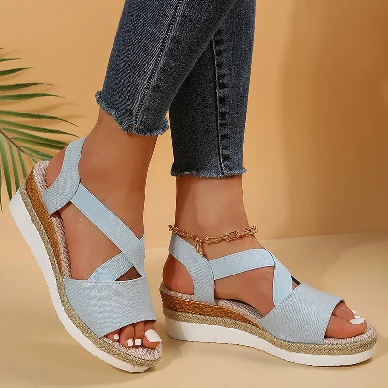 Sandalias de cuña para mujer con plataforma cruzada y tacón de cáñamo estilo gladiador para verano