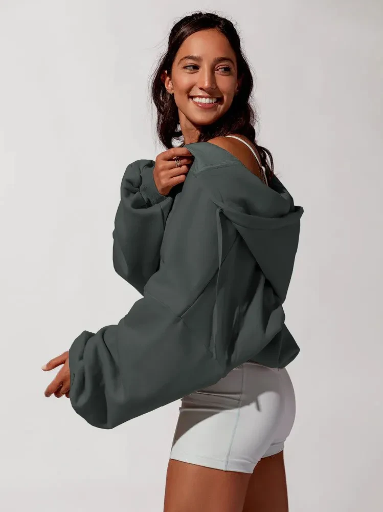 Sudadera con capucha y cremallera, chaqueta deportiva, sudadera holgada a la moda, ropa informal lisa para mujer