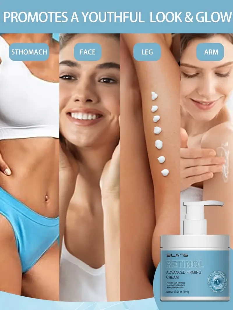 Crema reafirmante avanzada con retinol de 500 ml: combate las arrugas y la flacidez de la piel con escualano vegetal para rostro, cuerpo, manos y cuello. Apta para todo tipo de piel y uso familiar.
