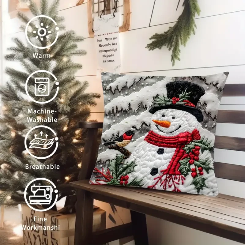 Funda de cojín navideña contemporánea con diseño de muñeco de nieve, 44,96 cm x 44,96 cm, de poliéster tejido con cierre de cremallera, con estampado digital decorativo de una sola cara para diferentes tipos de habitación. Lavado a mano.