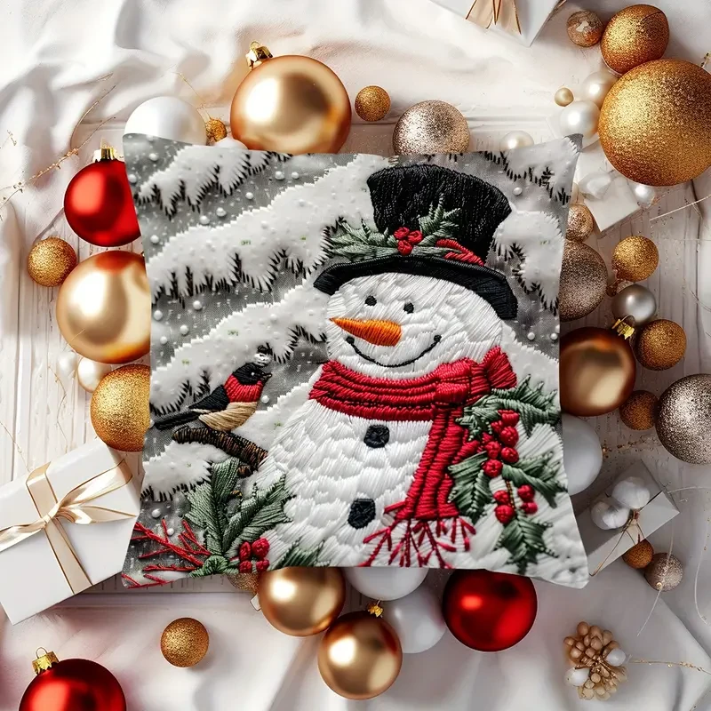 Funda de cojín navideña contemporánea con diseño de muñeco de nieve, 44,96 cm x 44,96 cm, de poliéster tejido con cierre de cremallera, con estampado digital decorativo de una sola cara para diferentes tipos de habitación. Lavado a mano.