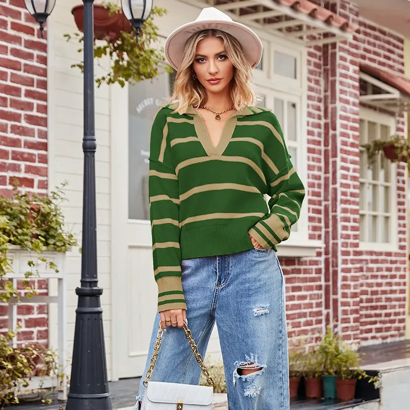 Suéter holgado con solapa y rayas de patchwork para mujer