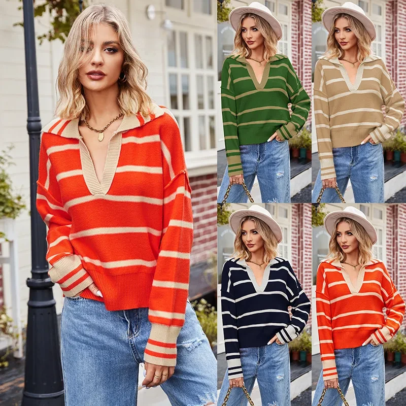 Suéter holgado con solapa y rayas de patchwork para mujer