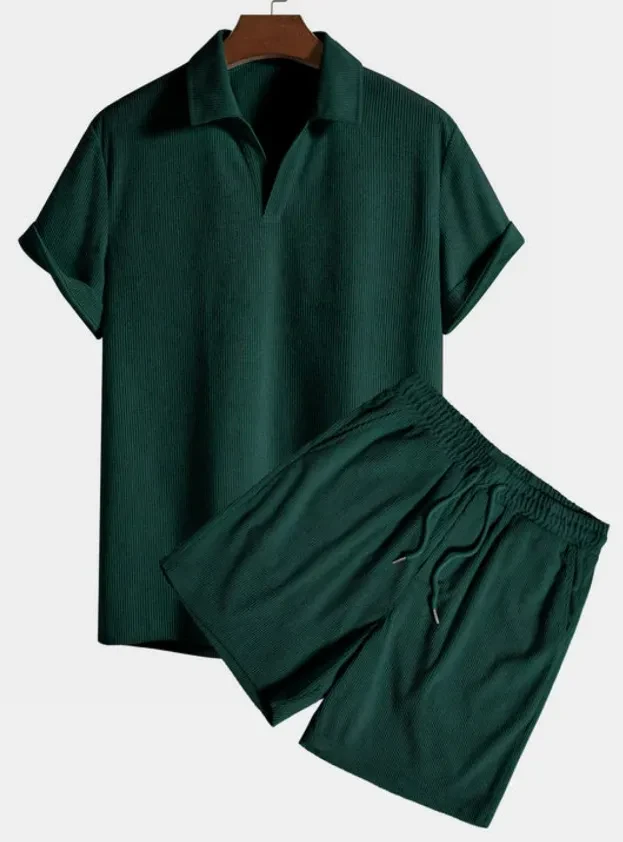 Conjunto de dos piezas de traje de baño de pana de manga corta, holgado, multicolor, estilo europeo y americano.