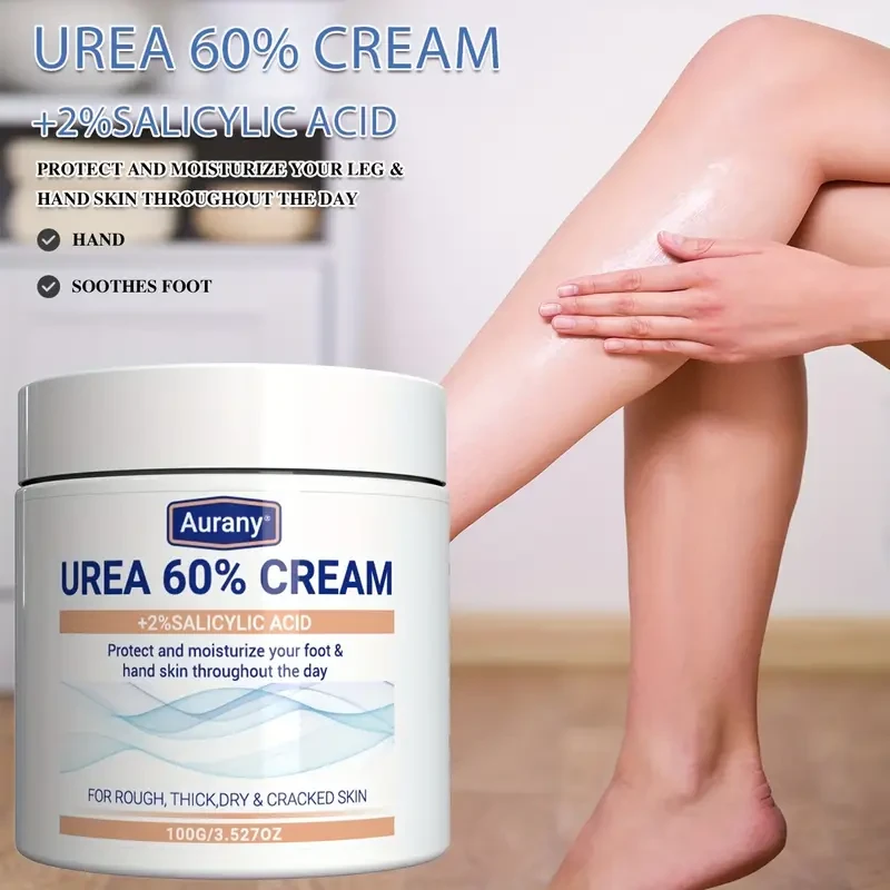 Crema para pies AURANY con urea al 60 % y ácido salicílico al 2 % (paquete de 2), loción hidratante sin alcohol para piel seca y agrietada, fórmula nutritiva con glicerina para piernas suaves y pies sensibles, eficaz para todo tipo de piel, no reseca, 100
