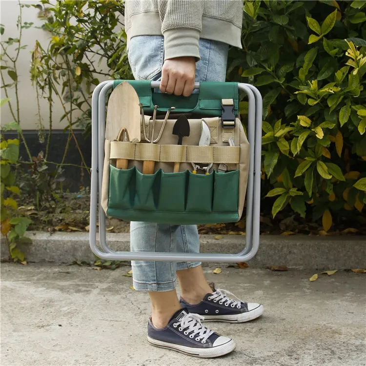 Taburete de jardinería con bolsa de mano, organizador de herramientas de jardín, asiento de jardín plegable, taburete de jardinería.