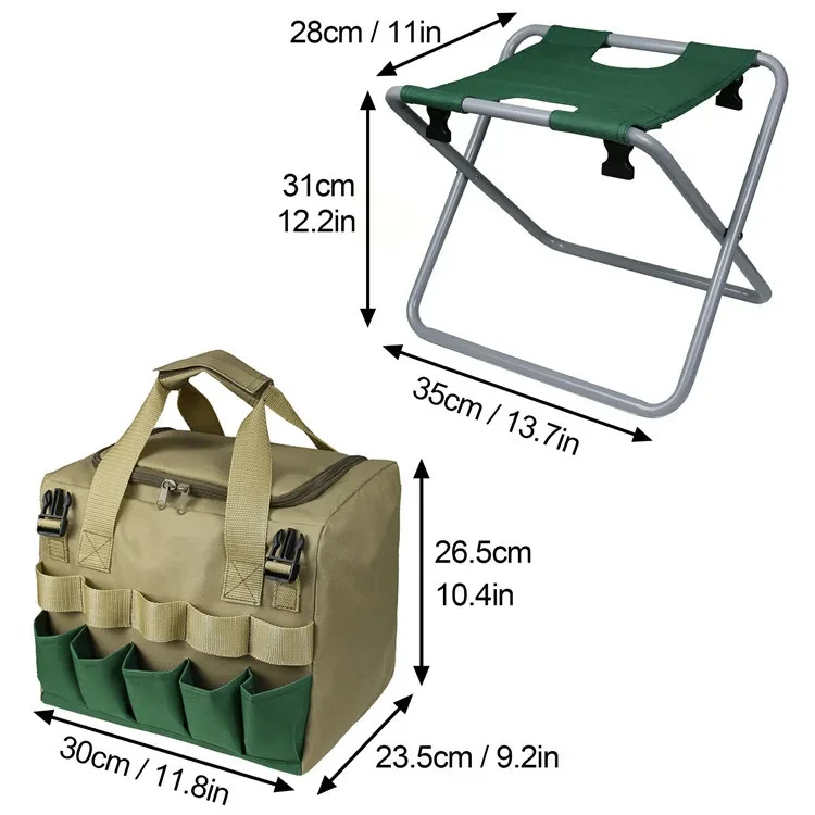 Taburete de jardinería con bolsa de mano, organizador de herramientas de jardín, asiento de jardín plegable, taburete de jardinería.