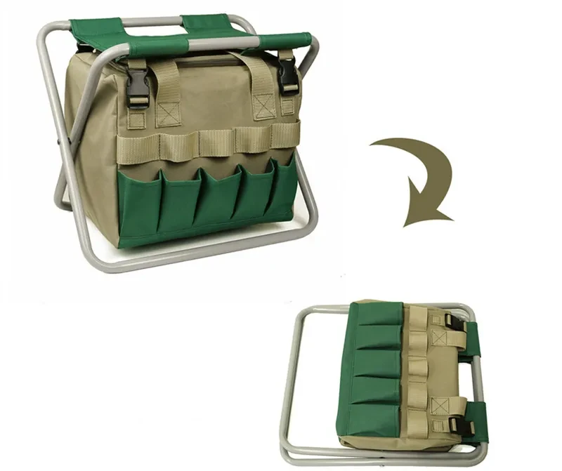 Taburete de jardinería con bolsa de mano, organizador de herramientas de jardín, asiento de jardín plegable, taburete de jardinería.