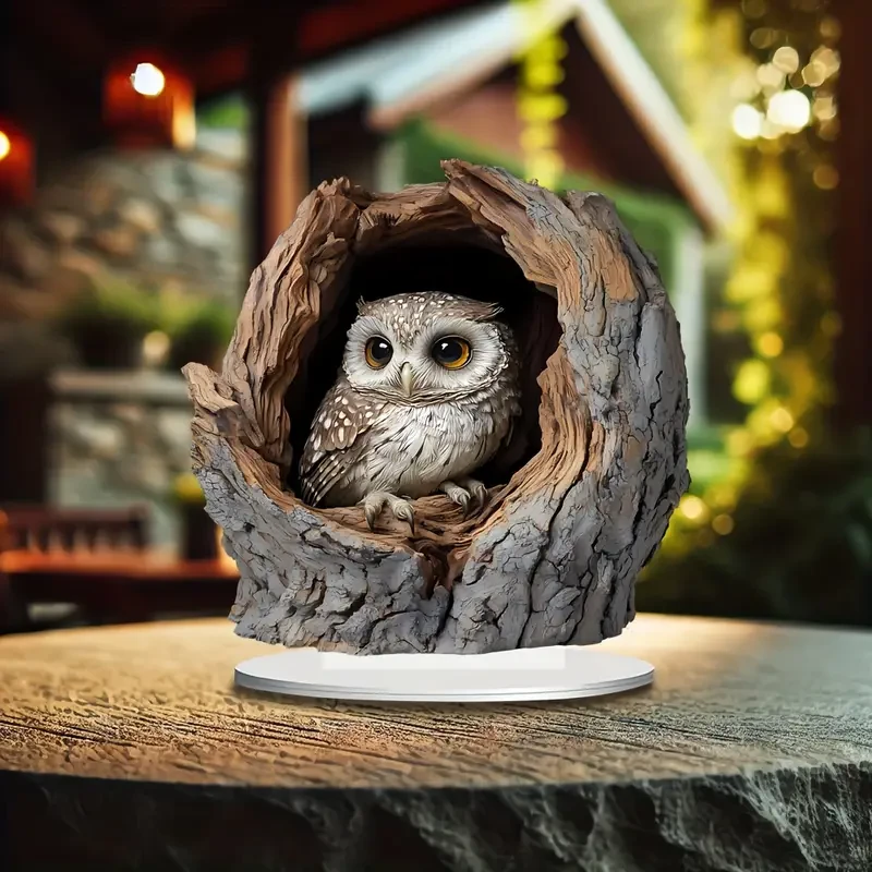 Placa decorativa de tocón de búho acrílico estilo bohemio con soporte