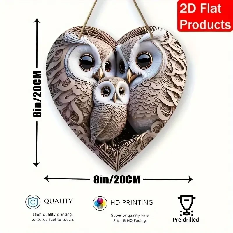 Adorno colgante clásico de familia de búhos del bosque en forma de corazón