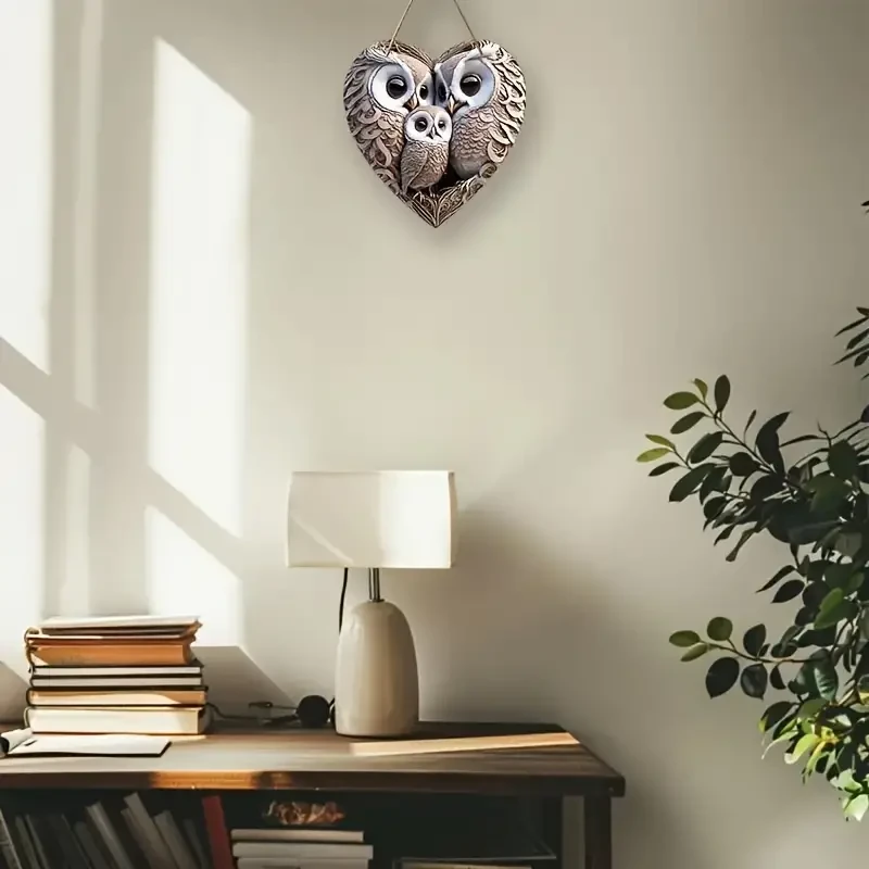 Adorno colgante clásico de familia de búhos del bosque en forma de corazón