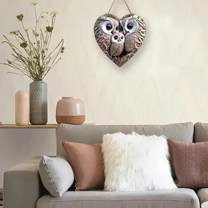Adorno colgante clásico de familia de búhos del bosque en forma de corazón