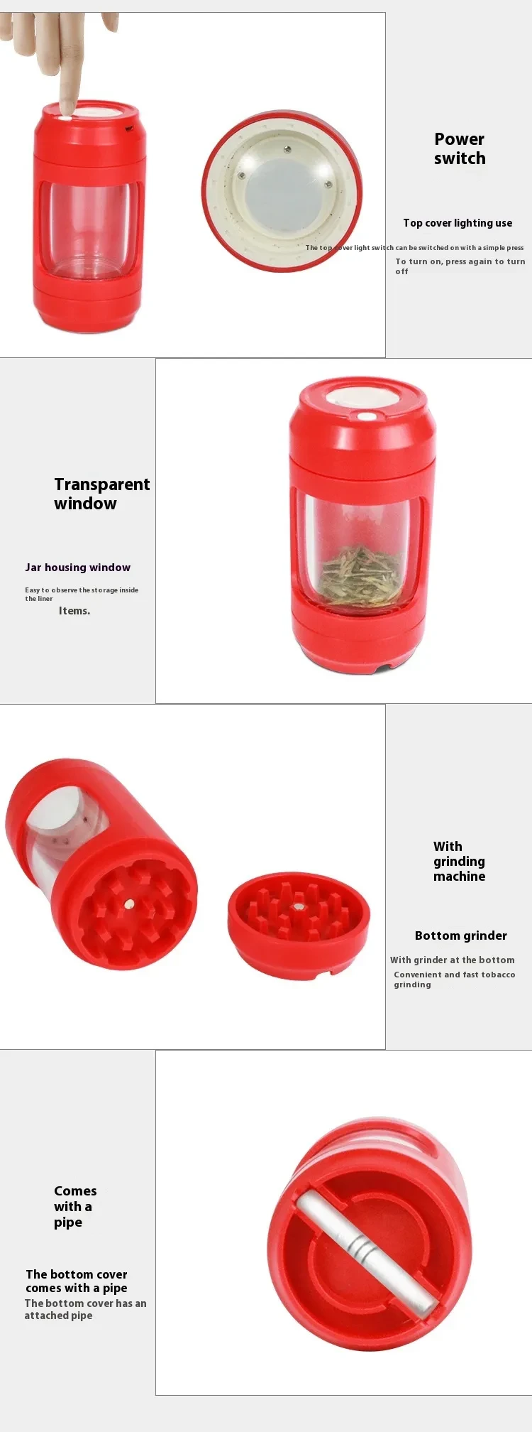 Molinillo de cigarrillos de plástico acrílico sellado, eliminador de humo, lámpara LED, lata para almacenar tabaco