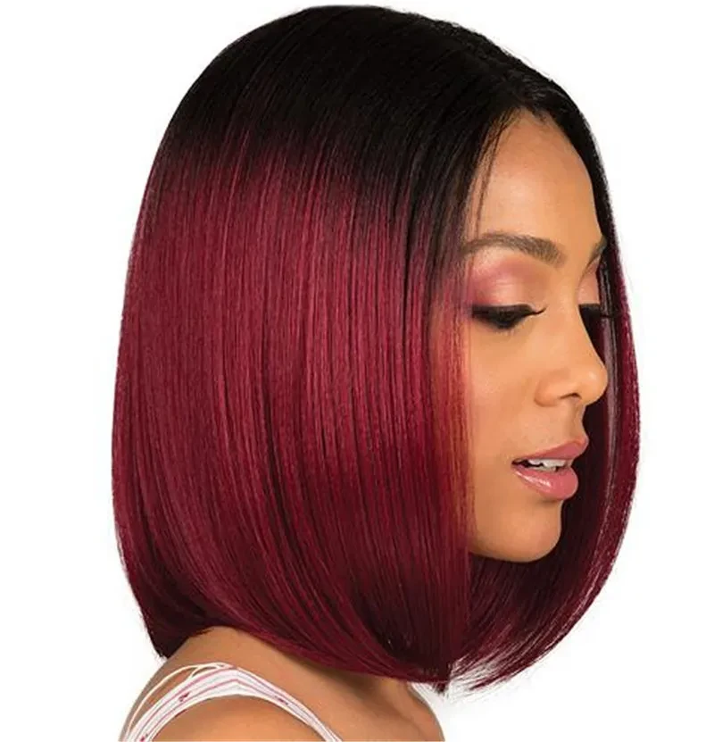 Cabello corto y liso para mujer, corte bobo burdeos degradado negro.