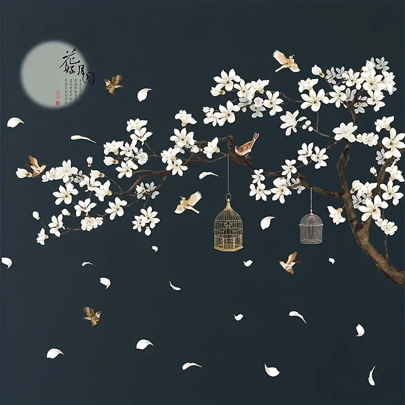 Pegatinas de pared de estilo chino: pájaros voladores y flores blancas