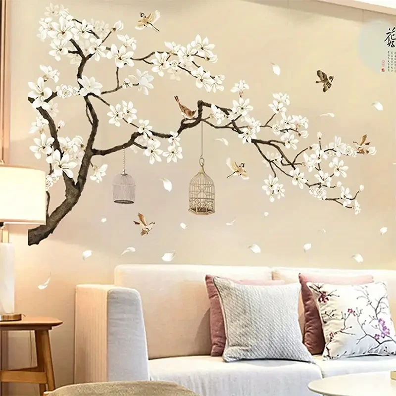 Pegatinas de pared de estilo chino: pájaros voladores y flores blancas
