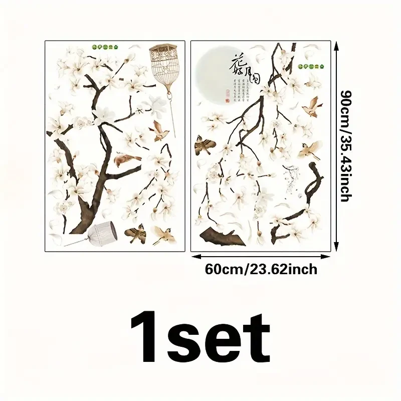 Pegatinas de pared de estilo chino: pájaros voladores y flores blancas