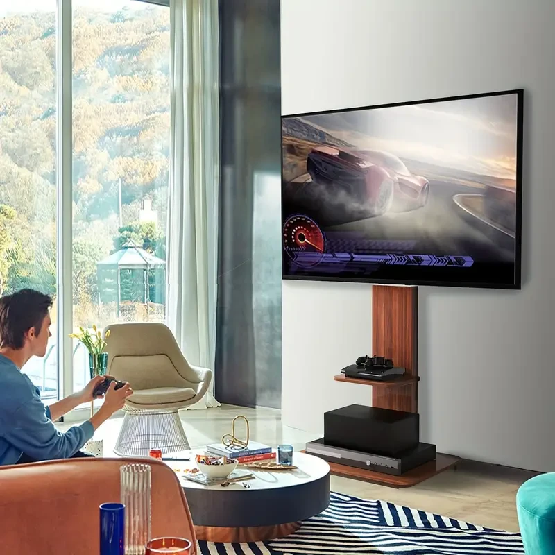 Soporte de suelo para TV industrial con soporte ajustable y estantes de madera