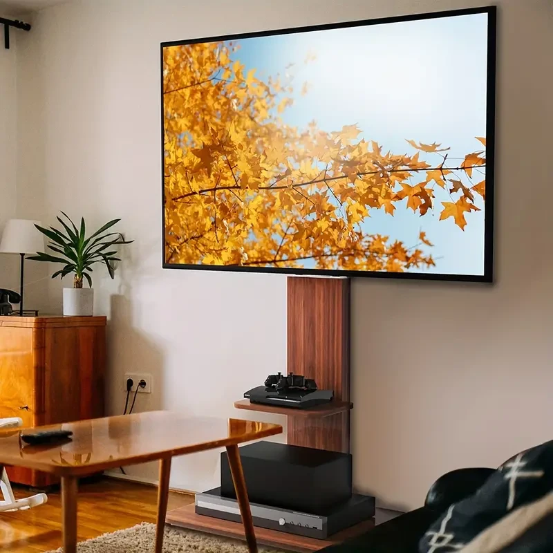 Soporte de suelo para TV industrial con soporte ajustable y estantes de madera