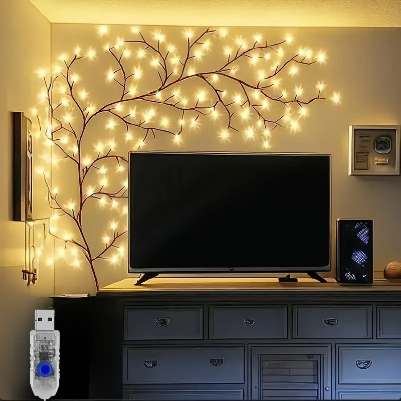 Decoración de pared LED de rama de sauce con alimentación USB, 96 luces