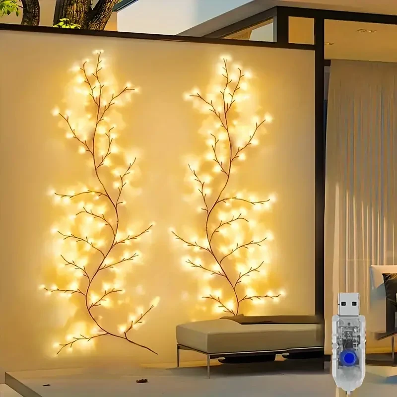 Decoración de pared LED de rama de sauce con alimentación USB, 96 luces