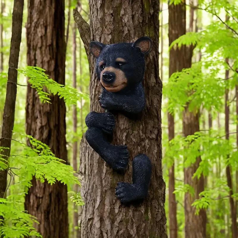 Escultura de oso negro de resina para abrazar árboles, decoración de jardín
