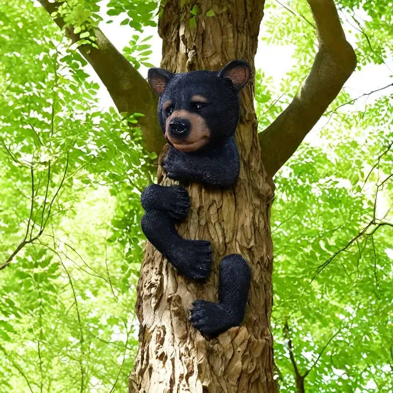 Escultura de oso negro de resina para abrazar árboles, decoración de jardín