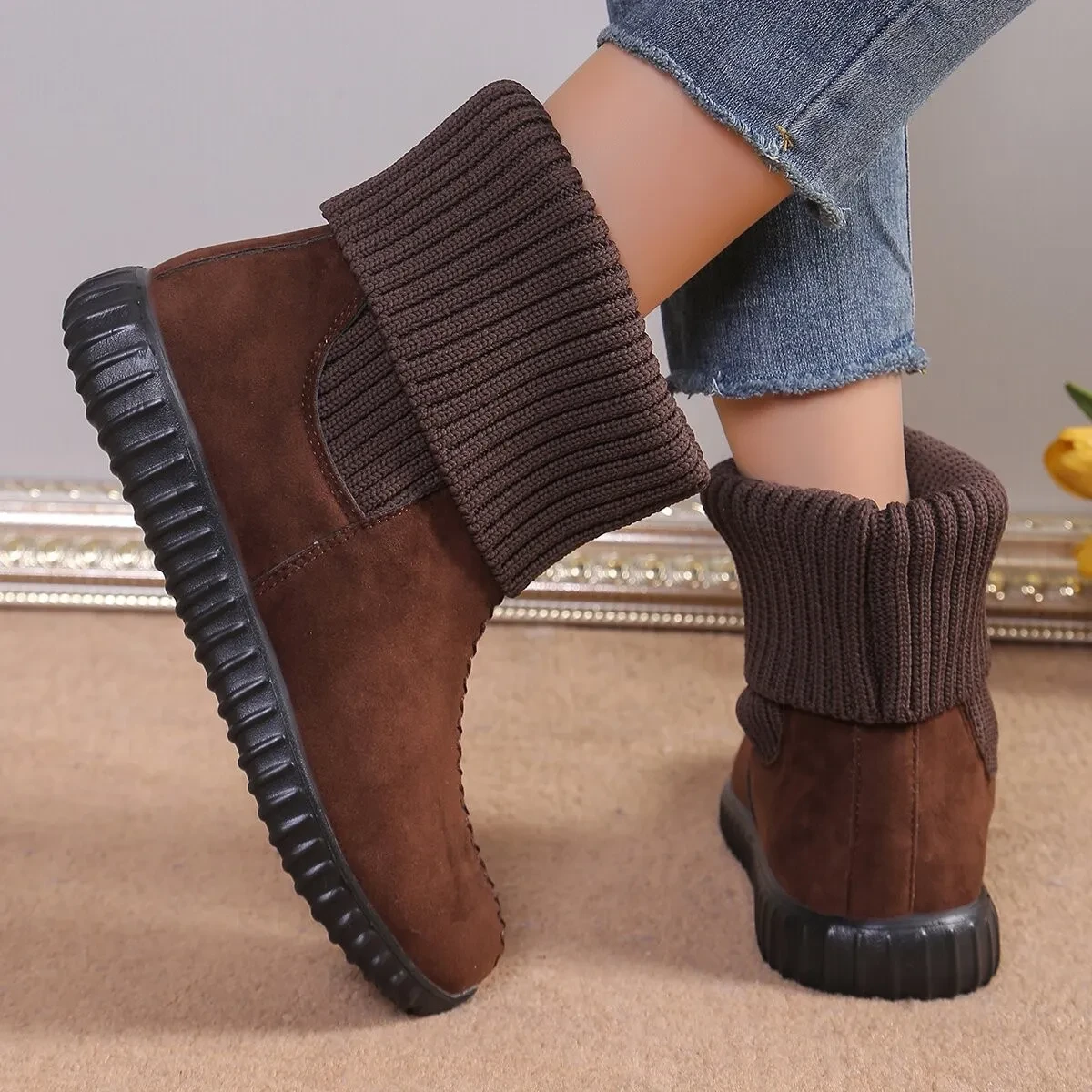 Botines planos con diseño de punto reversible, botas de nieve cómodas de moda invernal para mujer