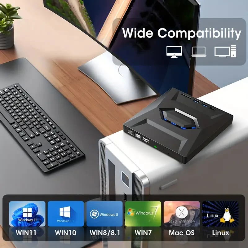 Grabadora de DVD externa portátil USB 3.0 6 en 1, lector y reproductor de unidad óptica para ordenador portátil, accesorios de escritorio