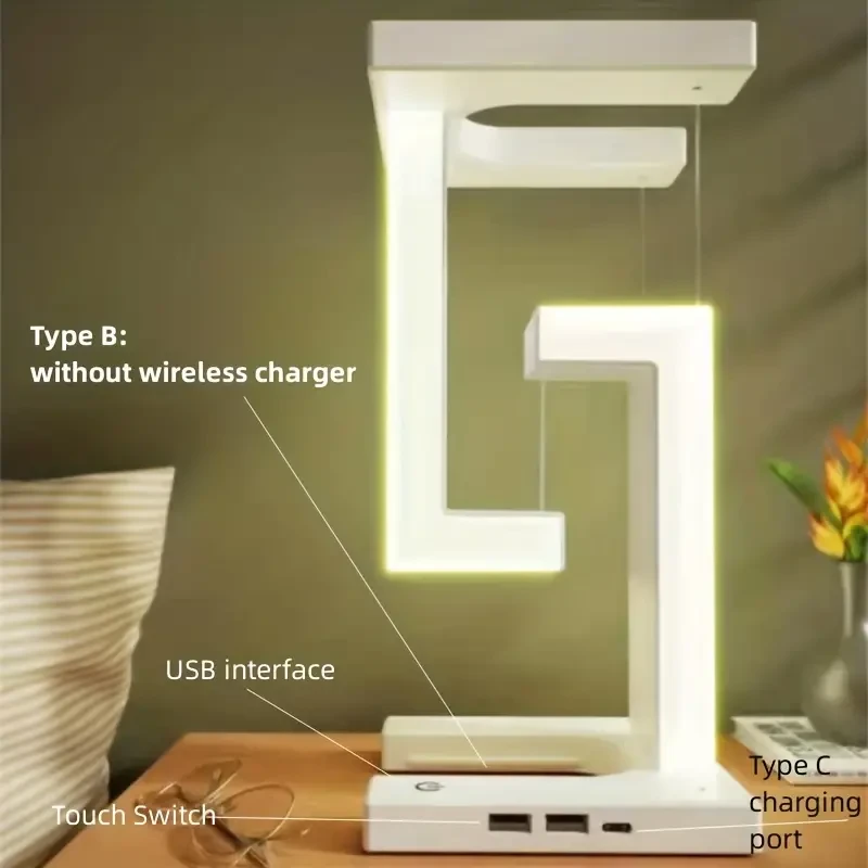 Lámpara de mesa LED plegable con suspensión antigravedad, carga inalámbrica, brazo ajustable y moderna iluminación decorativa para dormitorio y sala de estar.