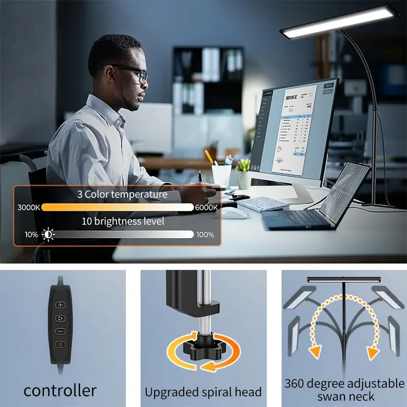 Lámpara de escritorio LED con pantalla de lectura, 10 W, ultrabrillante, ajustable, con clip, ideal para uso en casa o en la oficina.